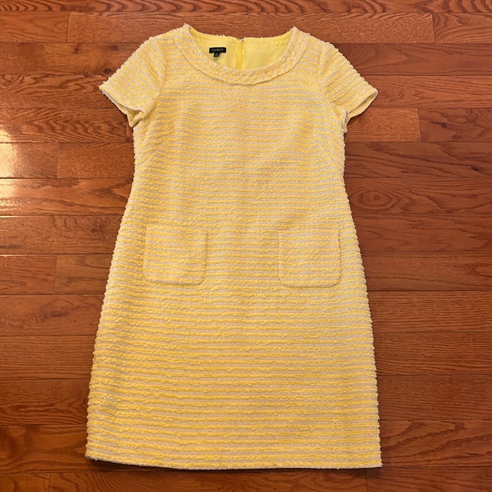 Talbots Yellow & Silver Reverse Weave Short Sleeve Sheath Dress, Women's 8